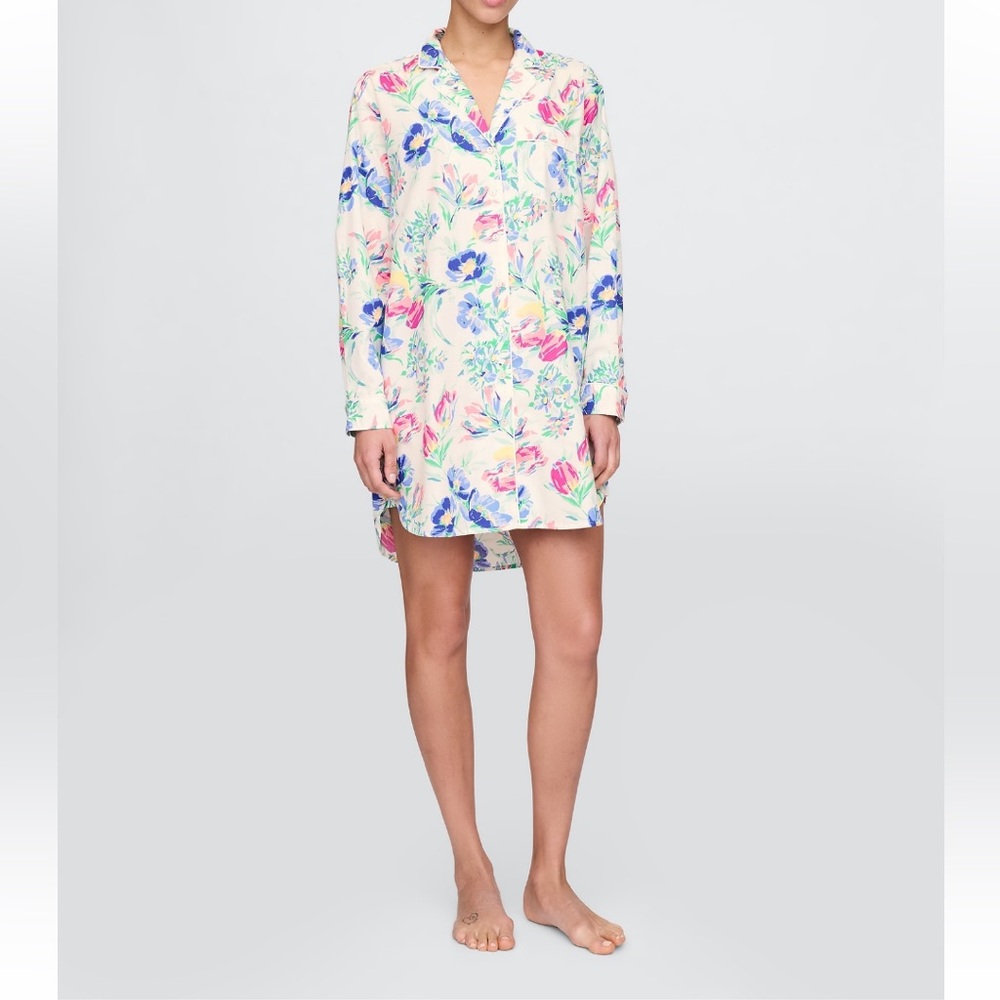 Women Gap Poplin Long sleeves PJ Shirtdress Floral pajamas Cotton size M New
